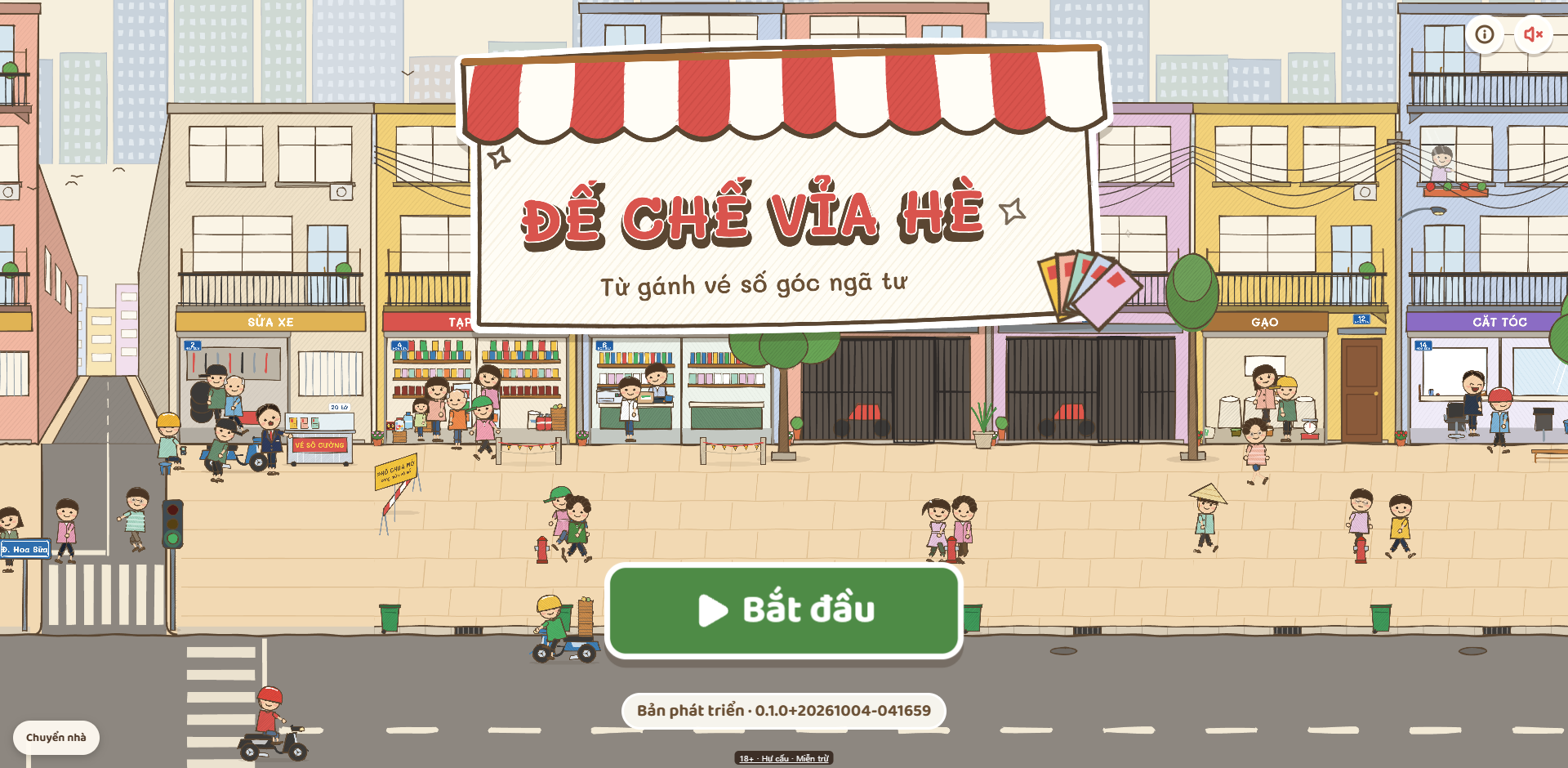 Góc ngã tư phố Hoa Sữa trong game, có tủ vé số và dãy cửa hàng